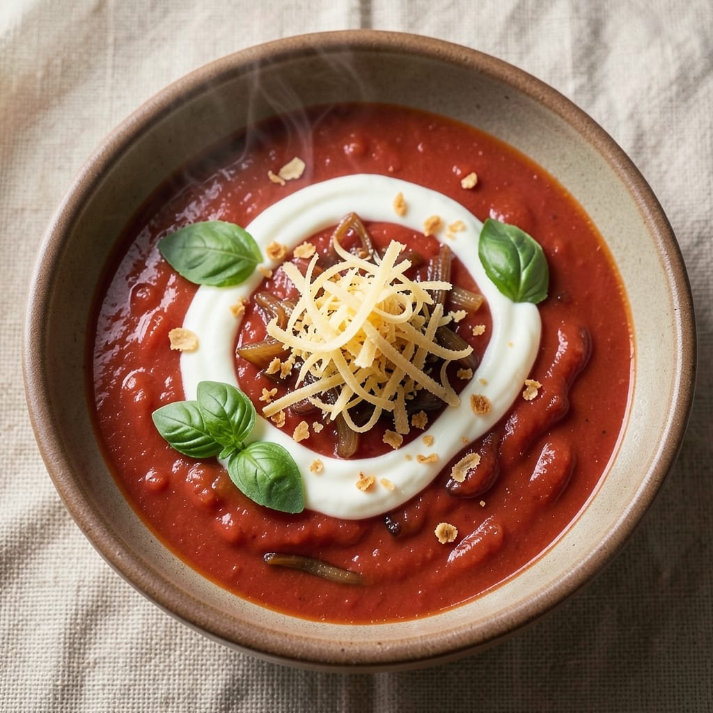 4Bs Restaurant Tomato Soup Recipe: Smoky Basil Crust Topped with Gruyère