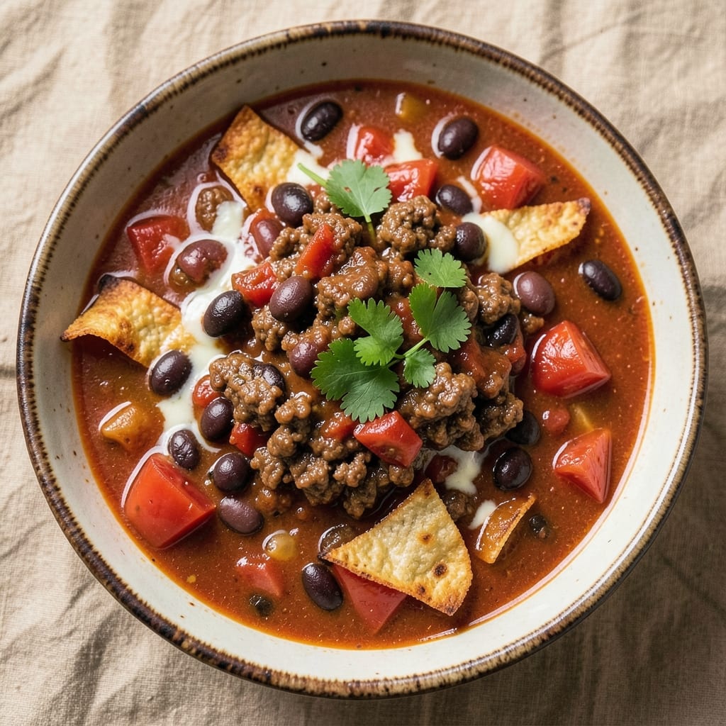 8-Can Taco Soup Recipe With Ground Beef: One-Pot Fiesta With Crunchy Toppings