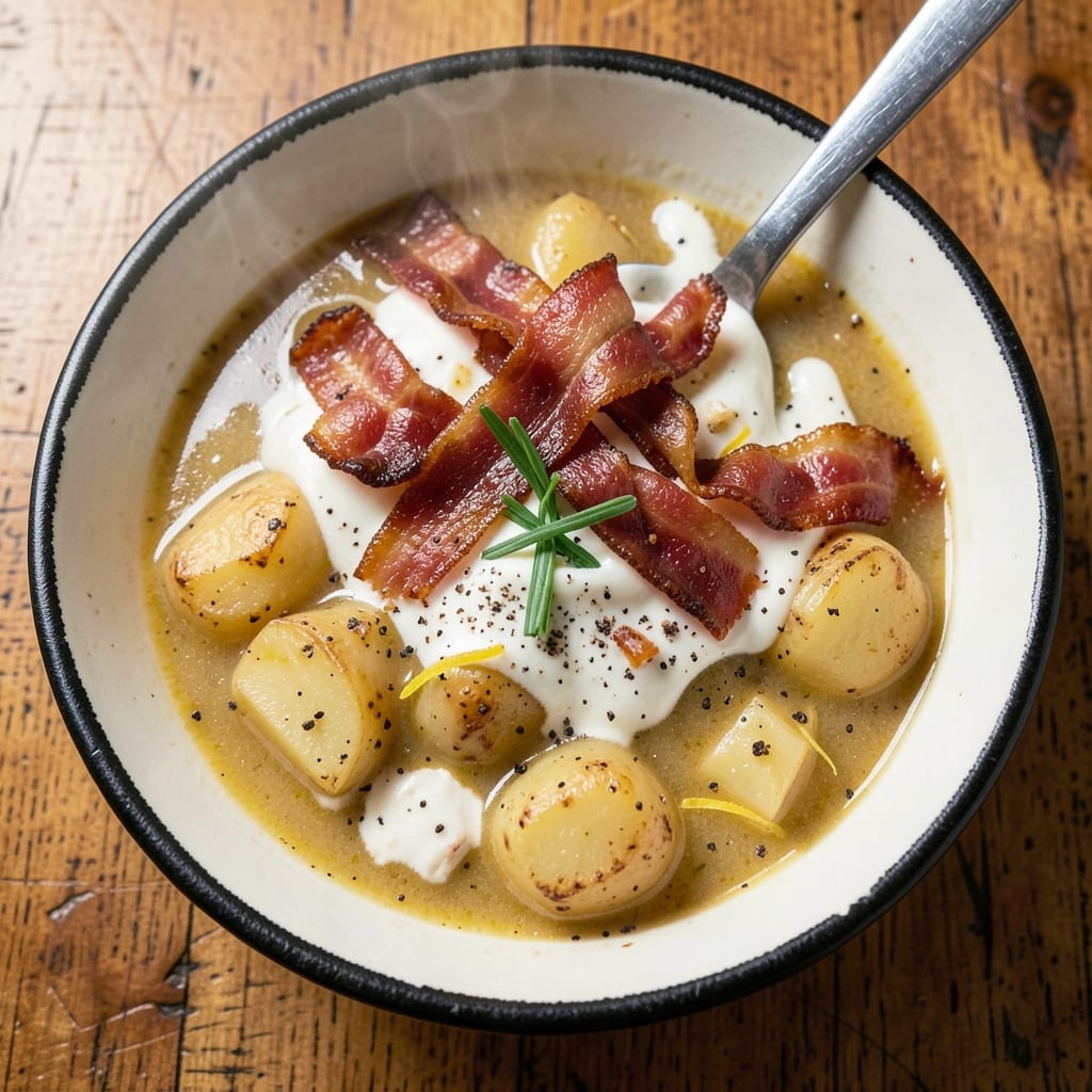 54th Street Bar and Grill Potato Soup Recipe: Smoky Bacon and Gruyère Crunch Topping