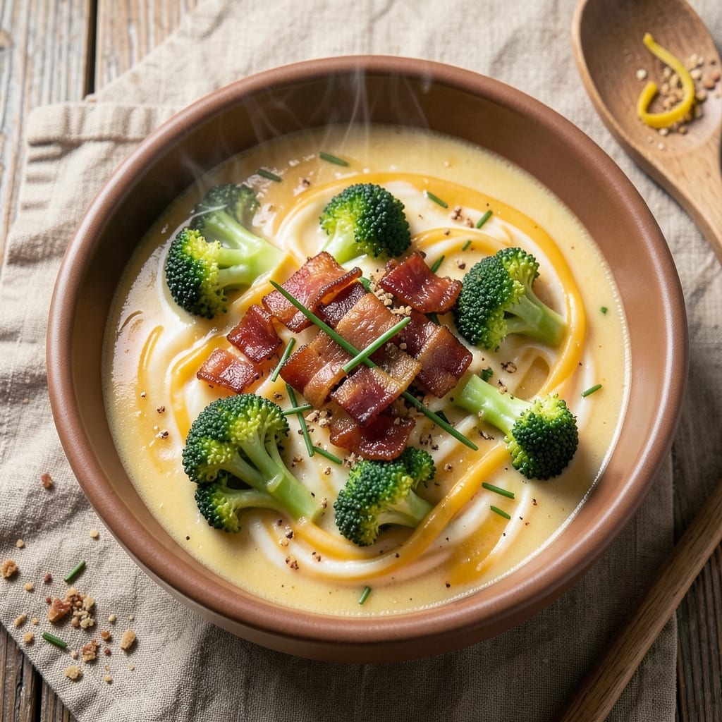 Almost Famous Broccoli Cheddar Soup Recipe: Velvety Creamy With Crispy Bacon Topping